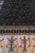Black Handloom Paithani Pure Cotton Saree - Luxurion World