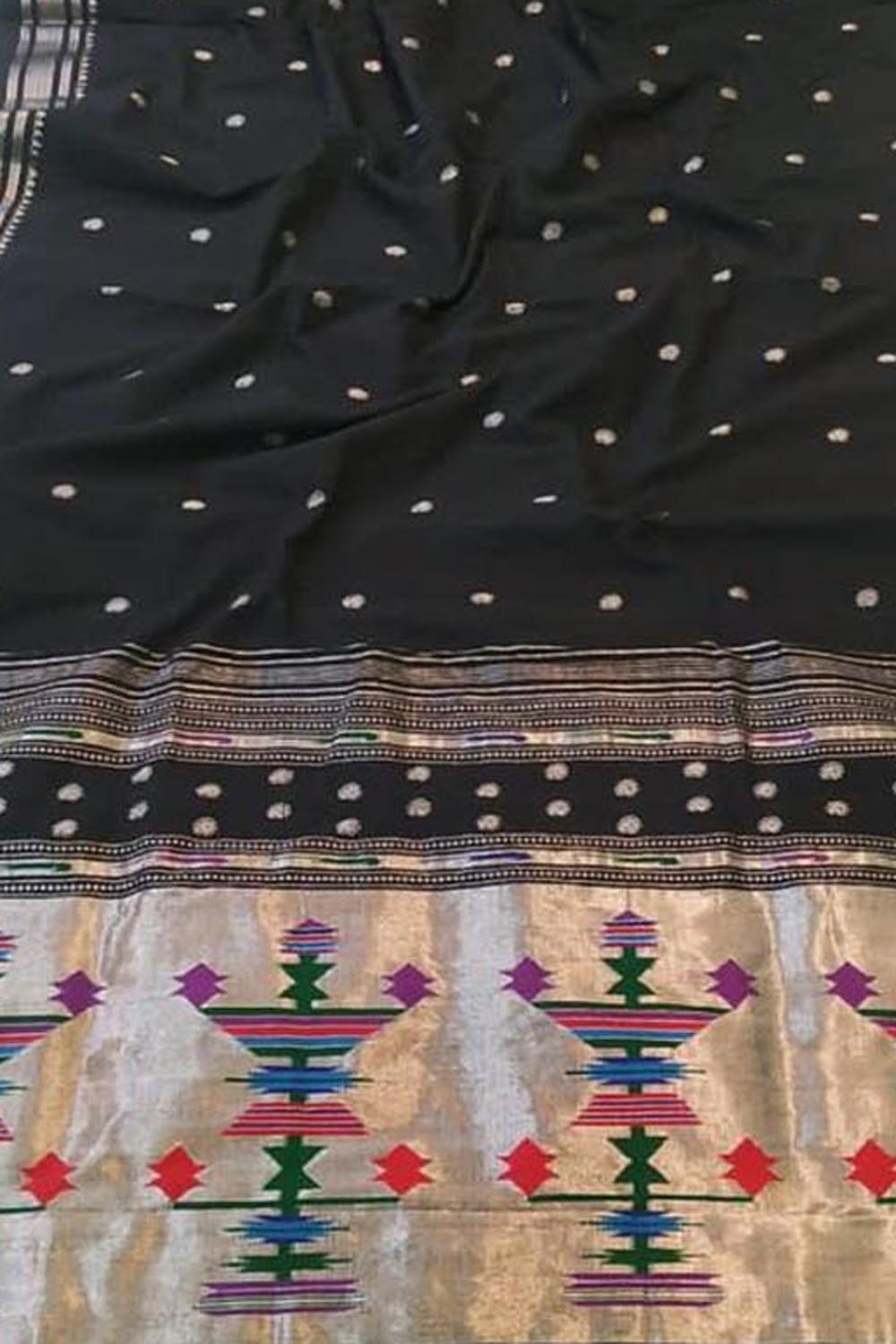 Black Handloom Paithani Pure Cotton Saree - Luxurion World