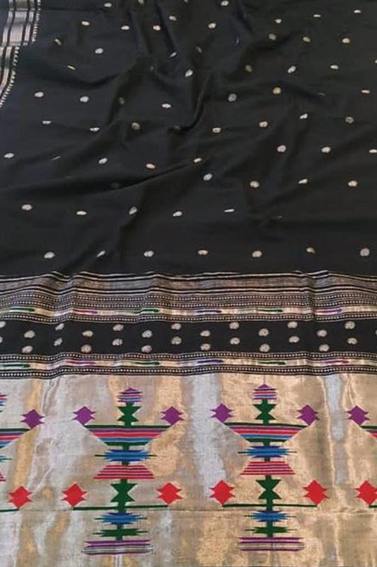 Black Handloom Paithani Pure Cotton Saree - Luxurion World