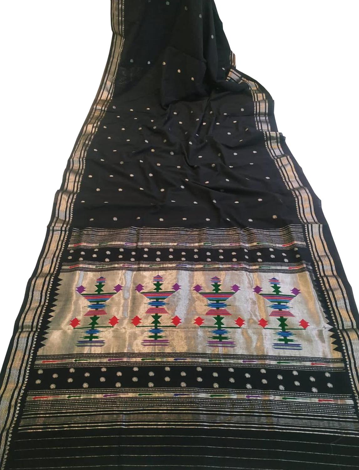 Black Handloom Paithani Pure Cotton Saree - Luxurion World