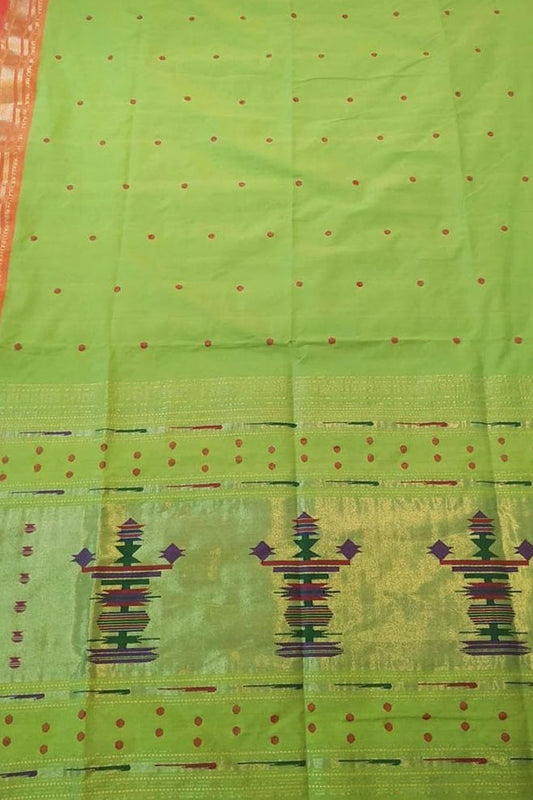 Green Handloom Paithani Pure Cotton Saree - Luxurion World