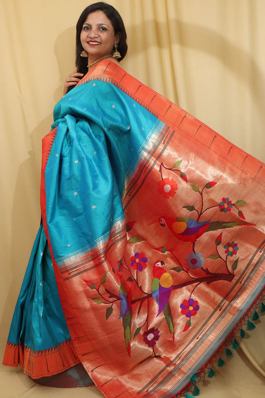 Blue Paithani Silk Saree with Parrot Design Border - Luxurion World
