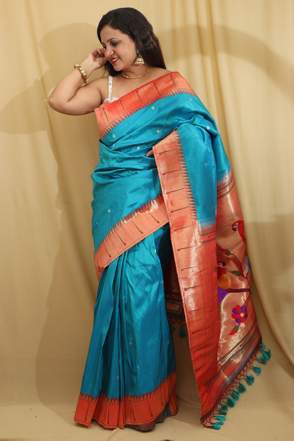 Blue Paithani Silk Saree with Parrot Design Border - Luxurion World