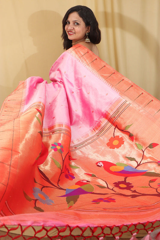 Exquisite Pink Paithani Silk Saree with Parrot Design - Luxurion World