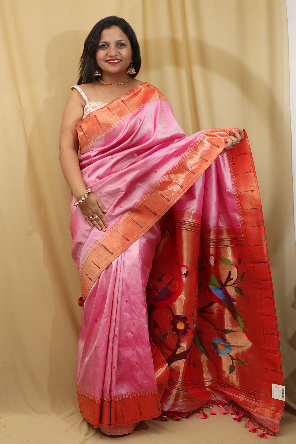 Exquisite Pink Paithani Silk Saree with Parrot Design - Luxurion World