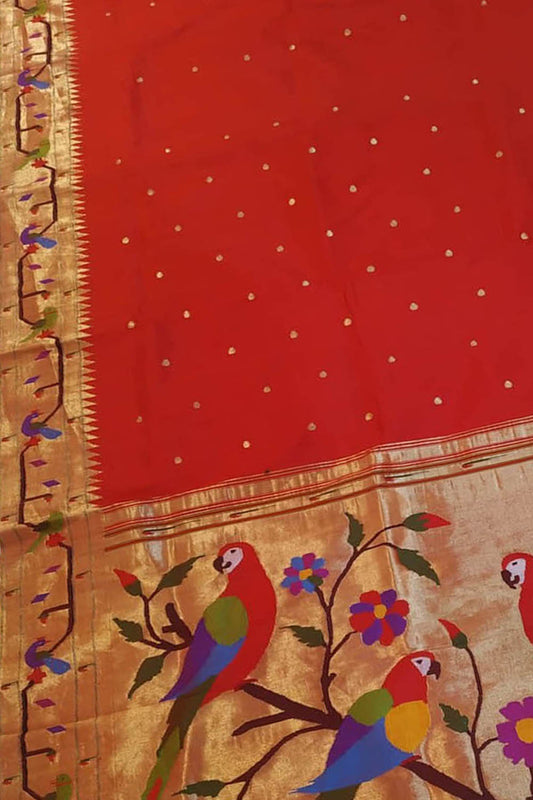 Red Paithani Silk Saree with Heavy Border - Luxurion World