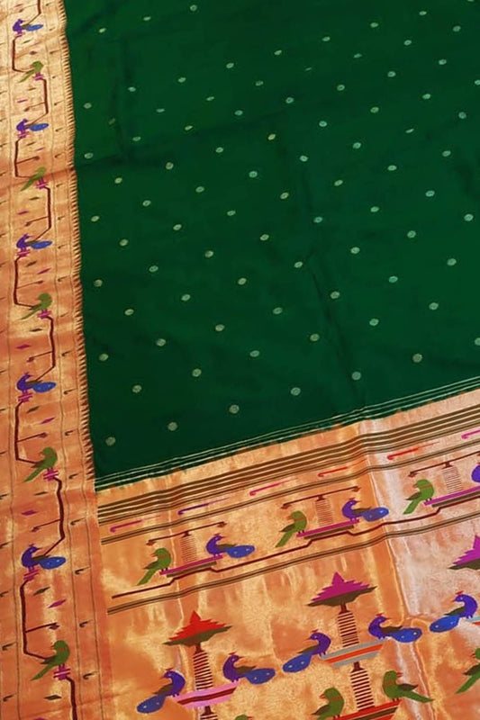 Green Paithani Silk Saree with Heavy Border - Luxurion World