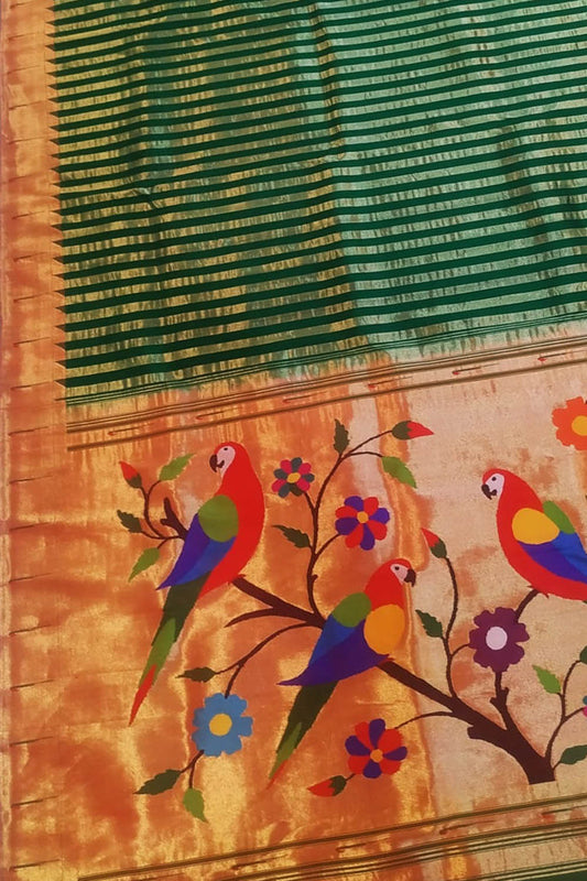 Green Paithani Handloom Silk Saree with Muniya Border - Luxurion World