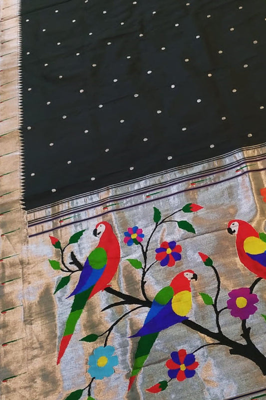 Exquisite Black Paithani Handloom Silk Saree with Muniya Border