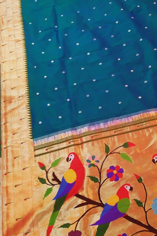 Blue Paithani Handloom Muniya Border Silk Saree - Luxurion World