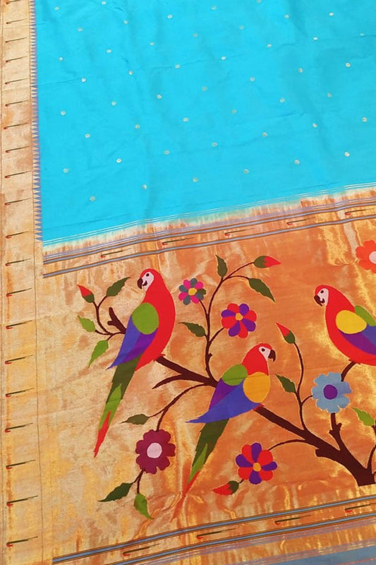 Blue Paithani Handloom Silk Saree with Muniya Border - Luxurion World