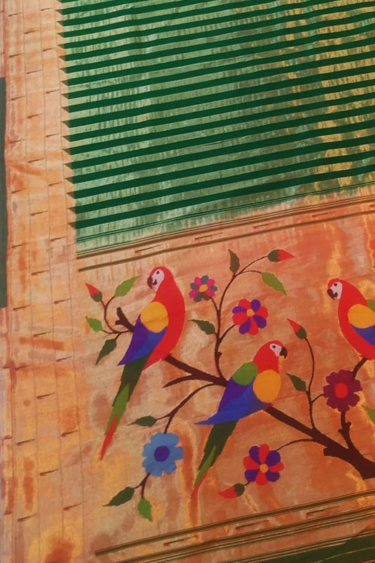 Green Paithani Handloom Muniya Border Silk Saree - Luxurion World