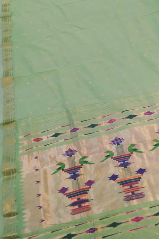 Green Paithani Handloom Cotton Saree - Elegant and Ethereal - Luxurion World
