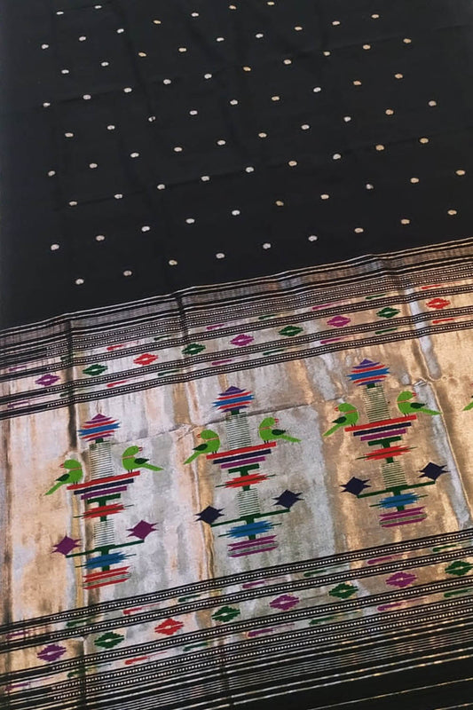 Stunning Black Paithani Handloom Cotton Saree - Luxurion World