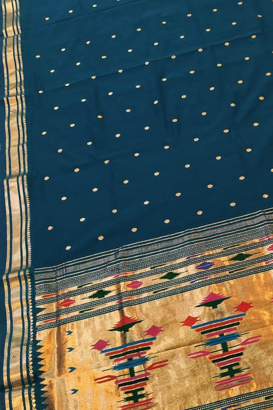 Blue Paithani Handloom Cotton Saree - Elegant and Traditional - Luxurion World