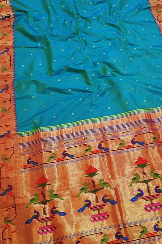 Blue Paithani Silk Saree with Heavy Border - Luxurion World