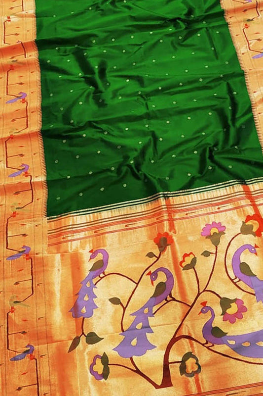 Green Paithani Silk Saree with Heavy Border - Luxurion World