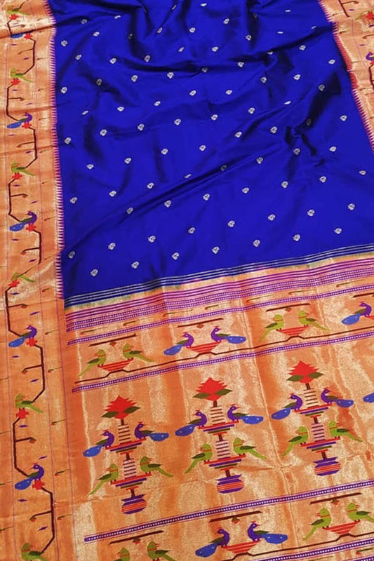 Blue Paithani Silk Saree with Heavy Border - Luxurion World