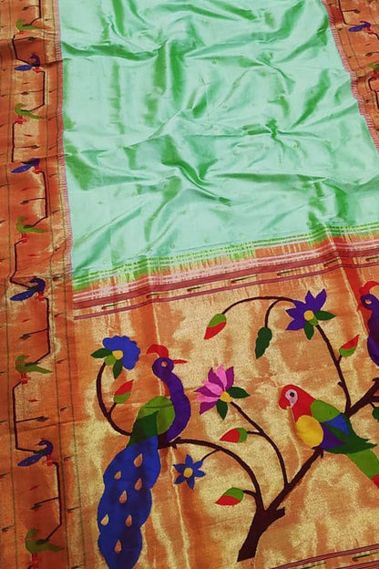 Green Paithani Silk Saree with Heavy Border - Luxurion World