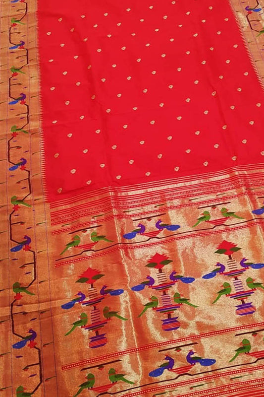 Red Paithani Silk Saree with Heavy Border - Luxurion World