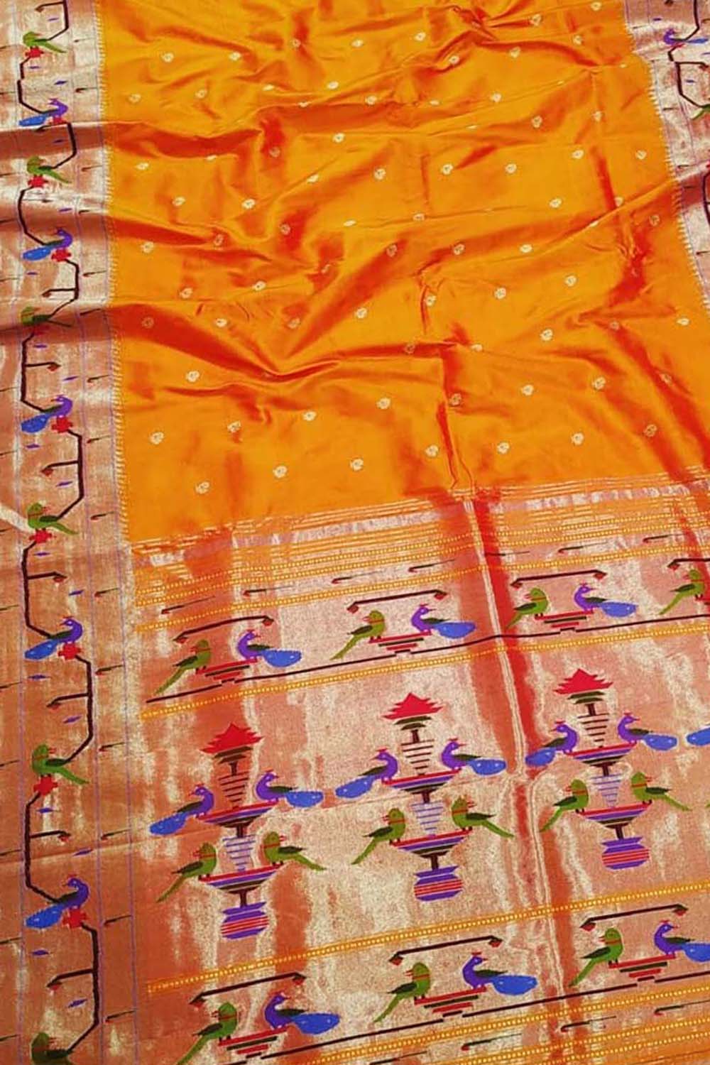 Orange Paithani Silk Saree with Heavy Border - Luxurion World