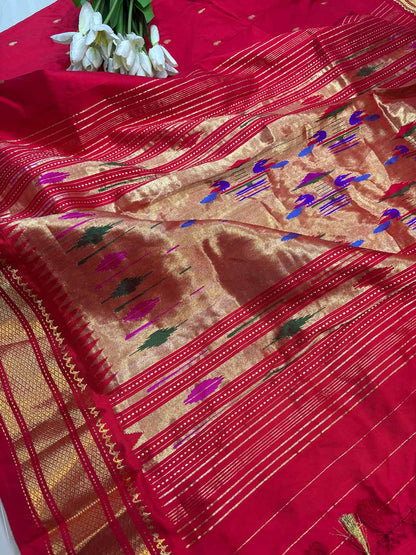 Red Handloom Paithani Pure Silk Peacock Design Saree - Luxurion World
