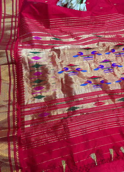 Red Handloom Paithani Pure Silk Peacock Design Saree - Luxurion World