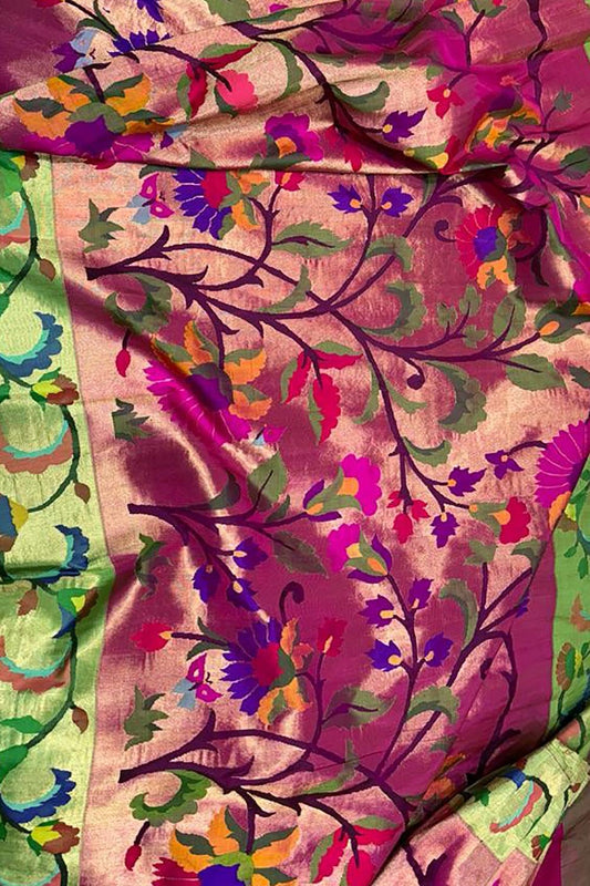 Elegant Pink Paithani Silk Brocade Saree with Floral Motifs - Luxurion World