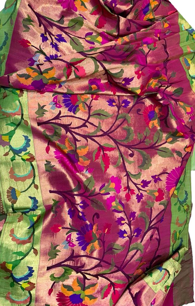 Elegant Pink Paithani Silk Brocade Saree with Floral Motifs - Luxurion World