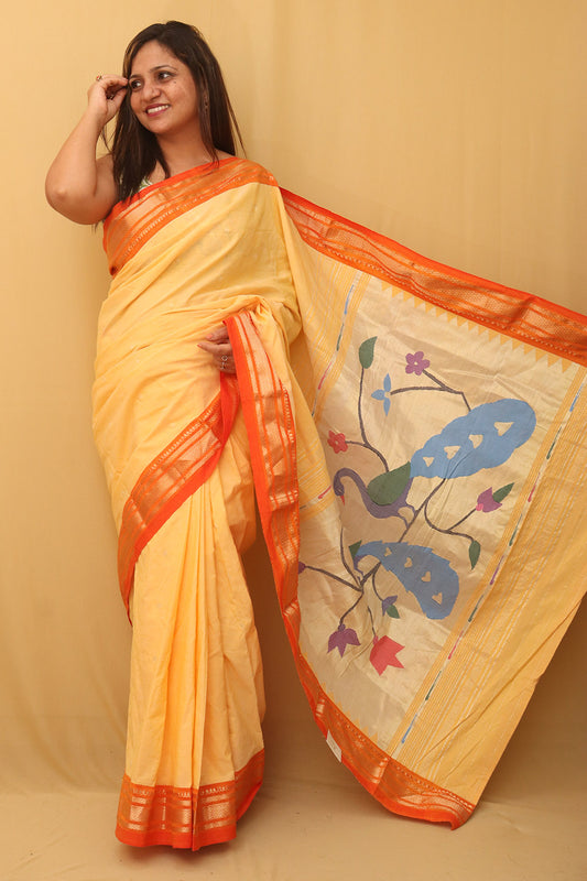Yellow And Orange Handloom Paithani Pure Cotton Peacock Design Saree - Luxurion World