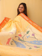 Yellow And Orange Handloom Paithani Pure Cotton Peacock Design Saree - Luxurion World