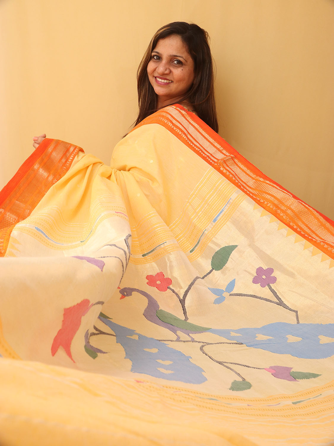 Yellow And Orange Handloom Paithani Pure Cotton Peacock Design Saree - Luxurion World