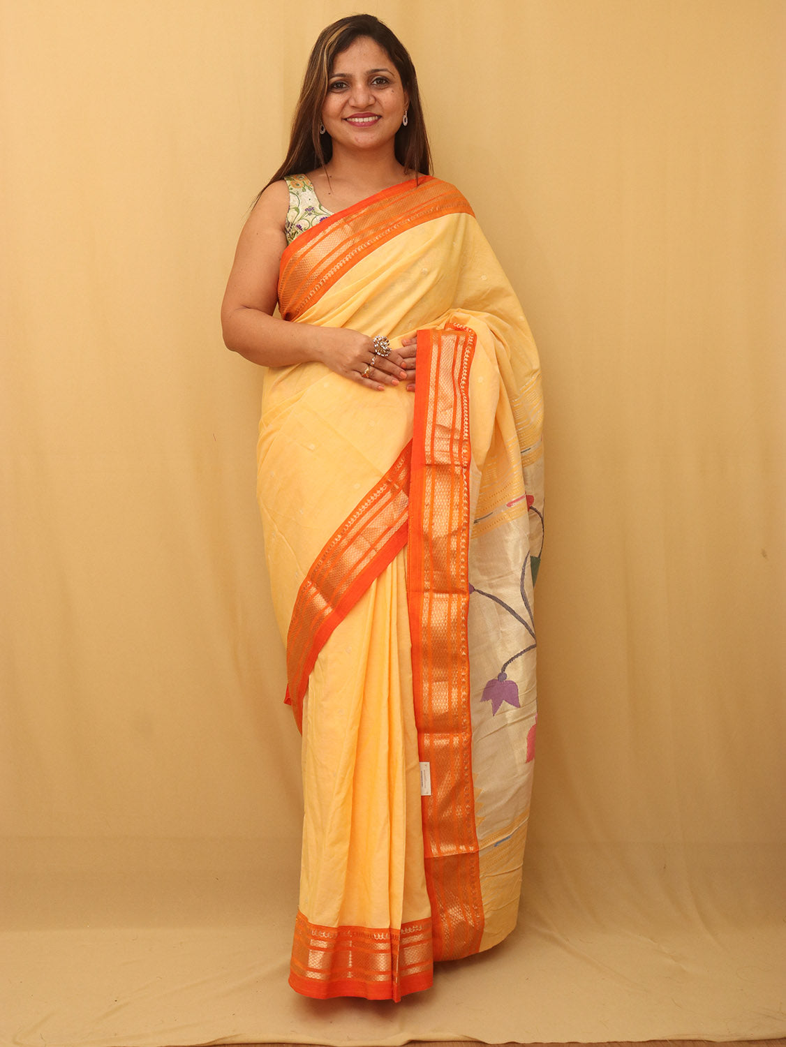 Yellow And Orange Handloom Paithani Pure Cotton Peacock Design Saree