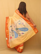Yellow And Orange Handloom Paithani Pure Cotton Peacock Design Saree - Luxurion World