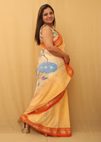 Yellow And Orange Handloom Paithani Pure Cotton Peacock Design Saree - Luxurion World