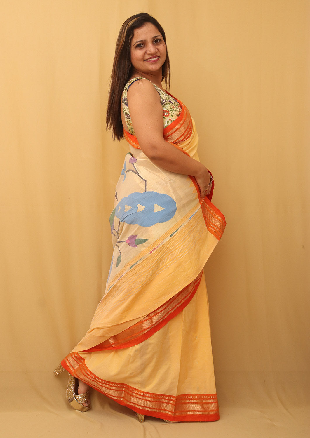 Yellow And Orange Handloom Paithani Pure Cotton Peacock Design Saree - Luxurion World