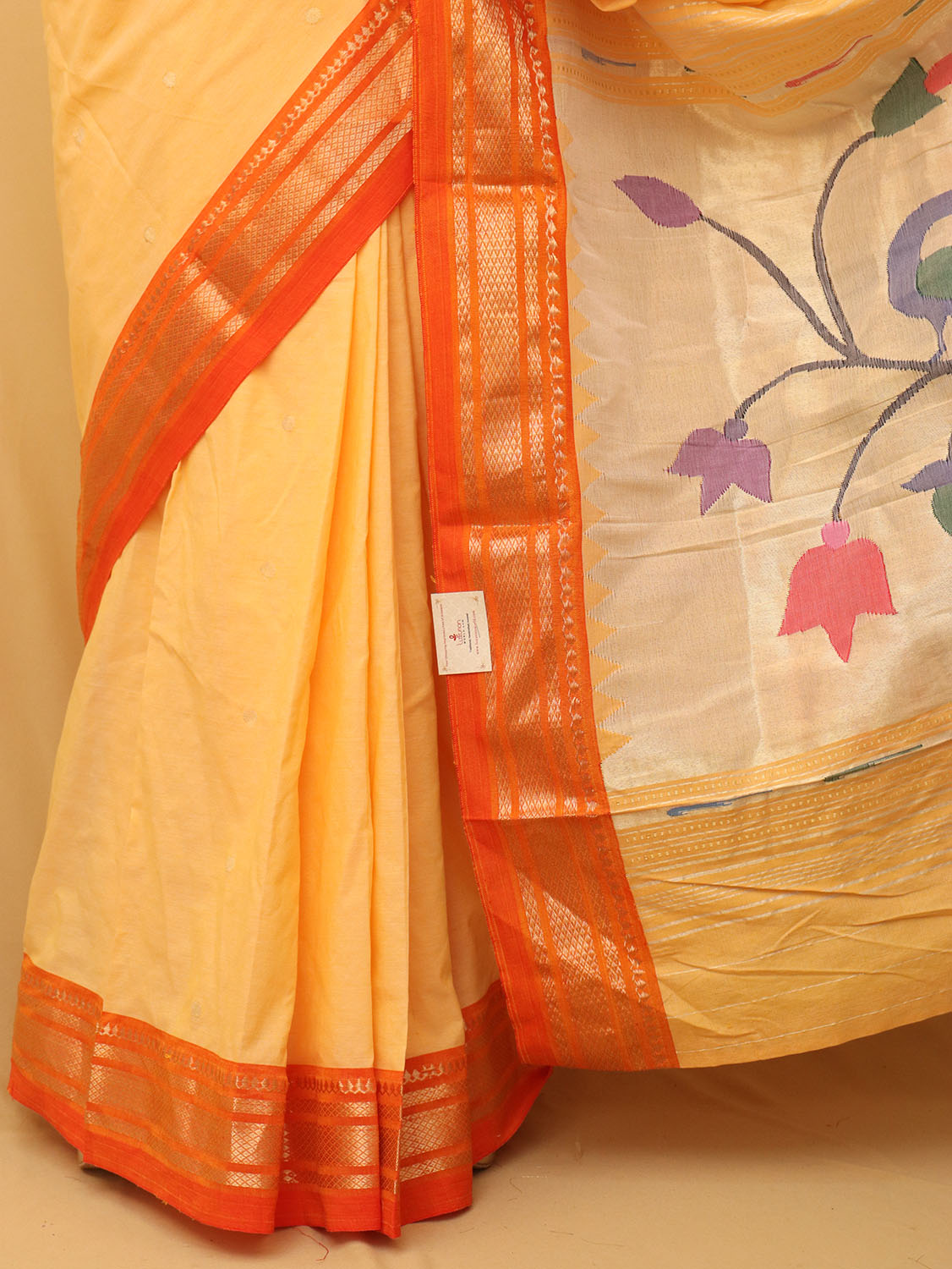 Yellow And Orange Handloom Paithani Pure Cotton Peacock Design Saree