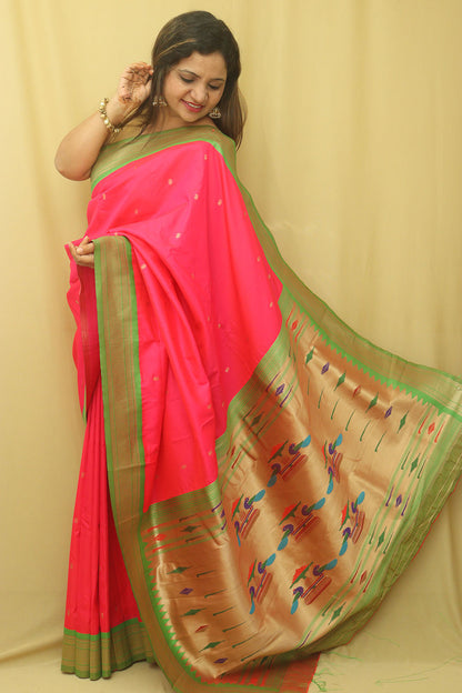 Pink Paithani Silk Peacock Design Saree - Luxurion World