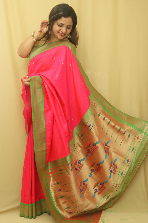 Pink Paithani Silk Peacock Design Saree - Luxurion World