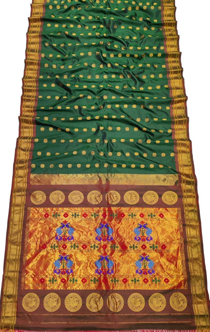 Ethically Made Green Handloom Paithani Silk Peacock Design Saree - Luxurion World