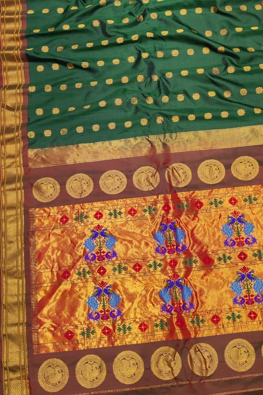 Ethically Made Green Handloom Paithani Silk Peacock Design Saree - Luxurion World