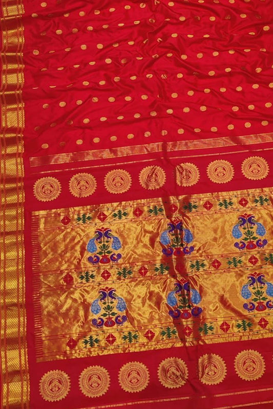 Exquisite Red Handloom Paithani Pure Silk Peacock Design Saree - Luxurion World