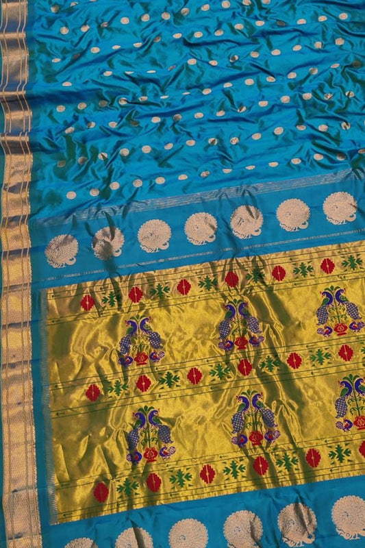Blue Handloom Paithani Pure Silk Peacock Design Saree - Luxurion World