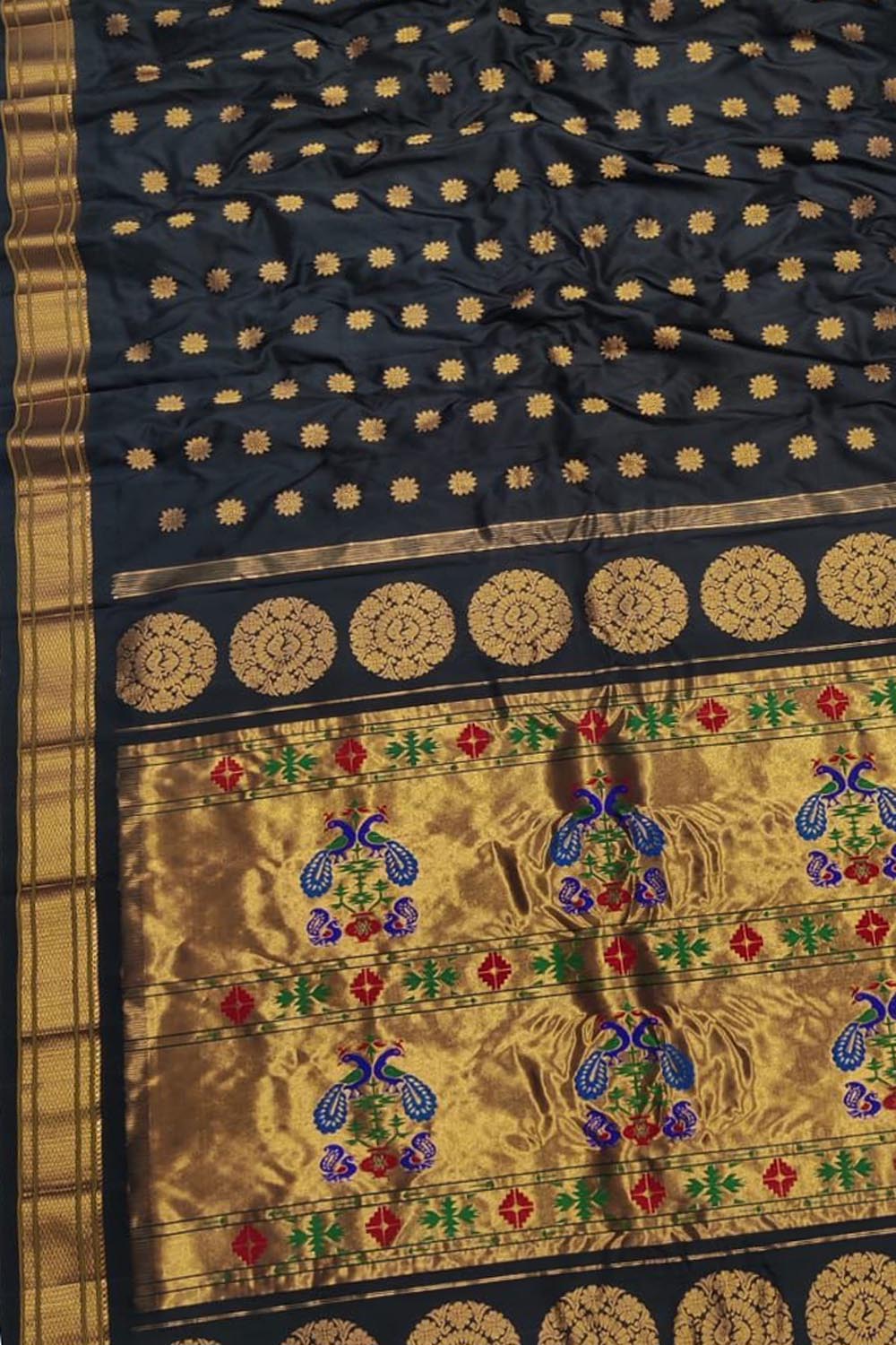 Exquisite Black Handloom Paithani Pure Silk Peacock Design Saree - Luxurion World