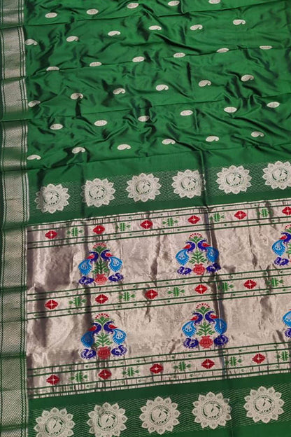 Green Handloom Paithani Pure Silk Peacock Design Saree - Elegant and Ethereal - Luxurion World
