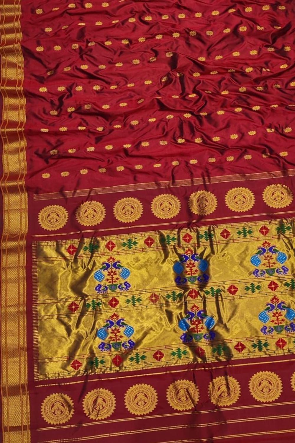 Exquisite Maroon Handloom Paithani Pure Silk Peacock Design Saree - Luxurion World