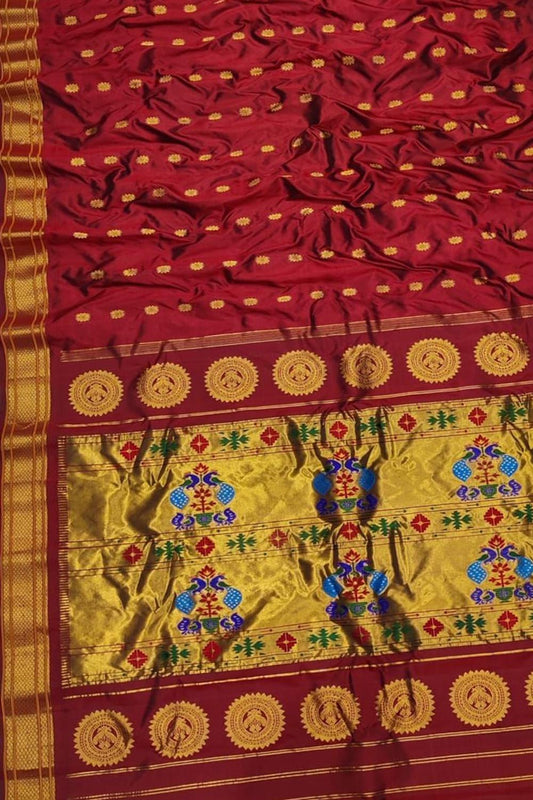 Exquisite Maroon Handloom Paithani Pure Silk Peacock Design Saree - Luxurion World