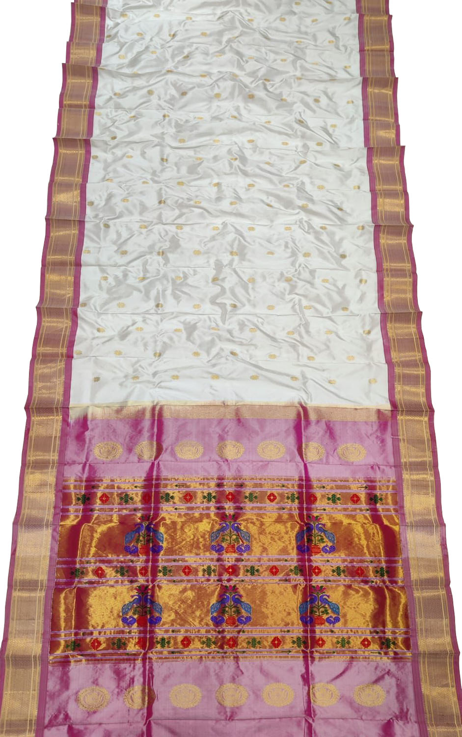 Exquisite Off White Handloom Paithani Pure Silk Peacock Design Saree - Luxurion World