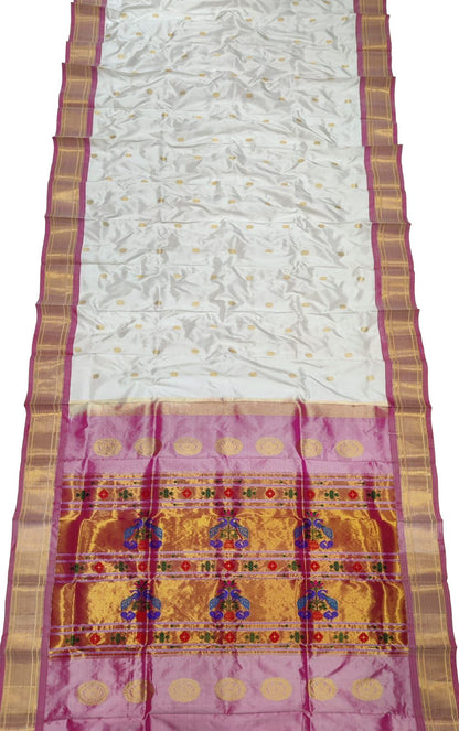 Exquisite Off White Handloom Paithani Pure Silk Peacock Design Saree - Luxurion World