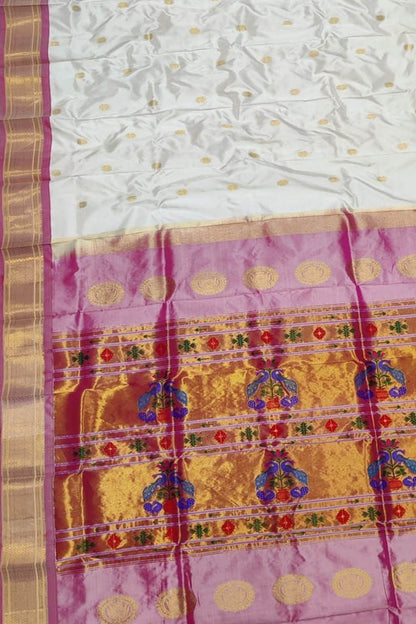 Exquisite Off White Handloom Paithani Pure Silk Peacock Design Saree - Luxurion World